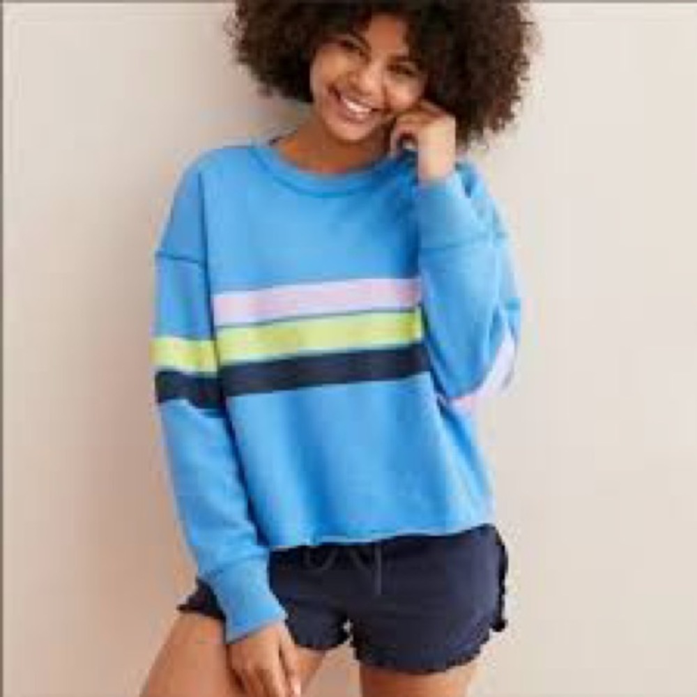 Blue cropped aerie crewneck sweatshirt, purple green and navy stripes size small